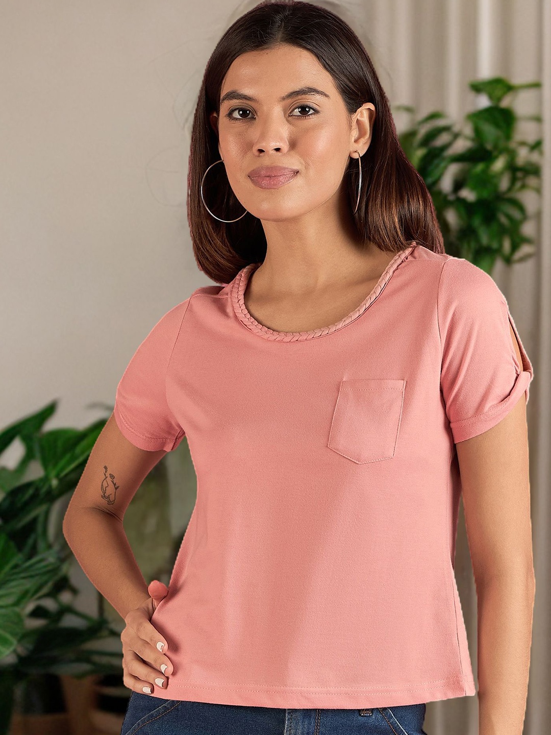 

ANJIR Women Solid Round Neck Cotton Top, Peach
