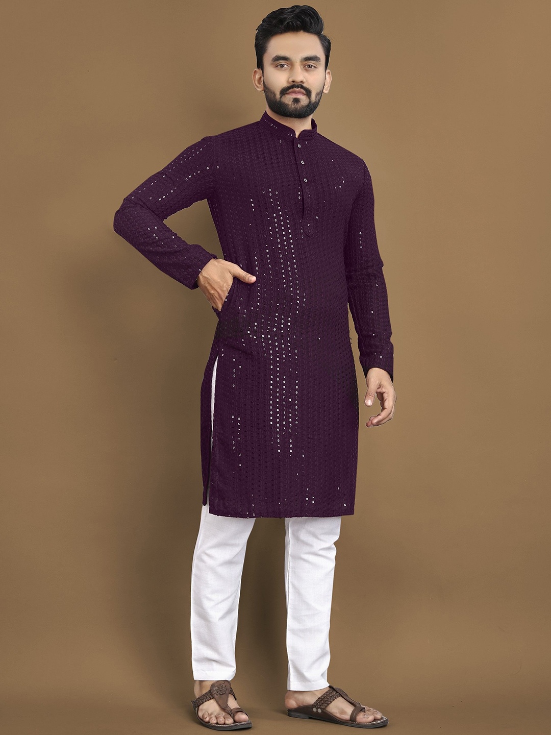 

Moda Rapido Embellished Embroidered Mandarin Collar Straight Kurta, Purple