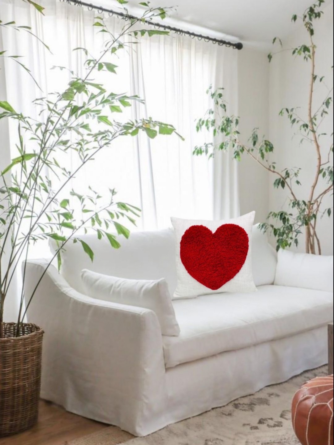 

THROWPILLOW White & Red Quirky Embroidered Heart Shaped Linen Square Cushion Cover