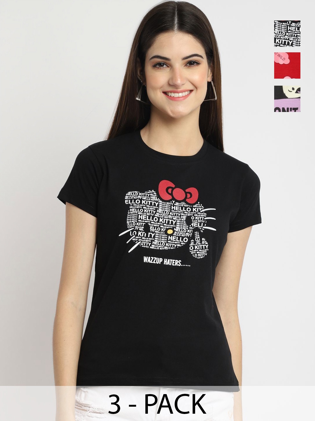 

Dreambe Women Pack Of 3 Graphic Printed Round Neck Cotton T-shirts, Black