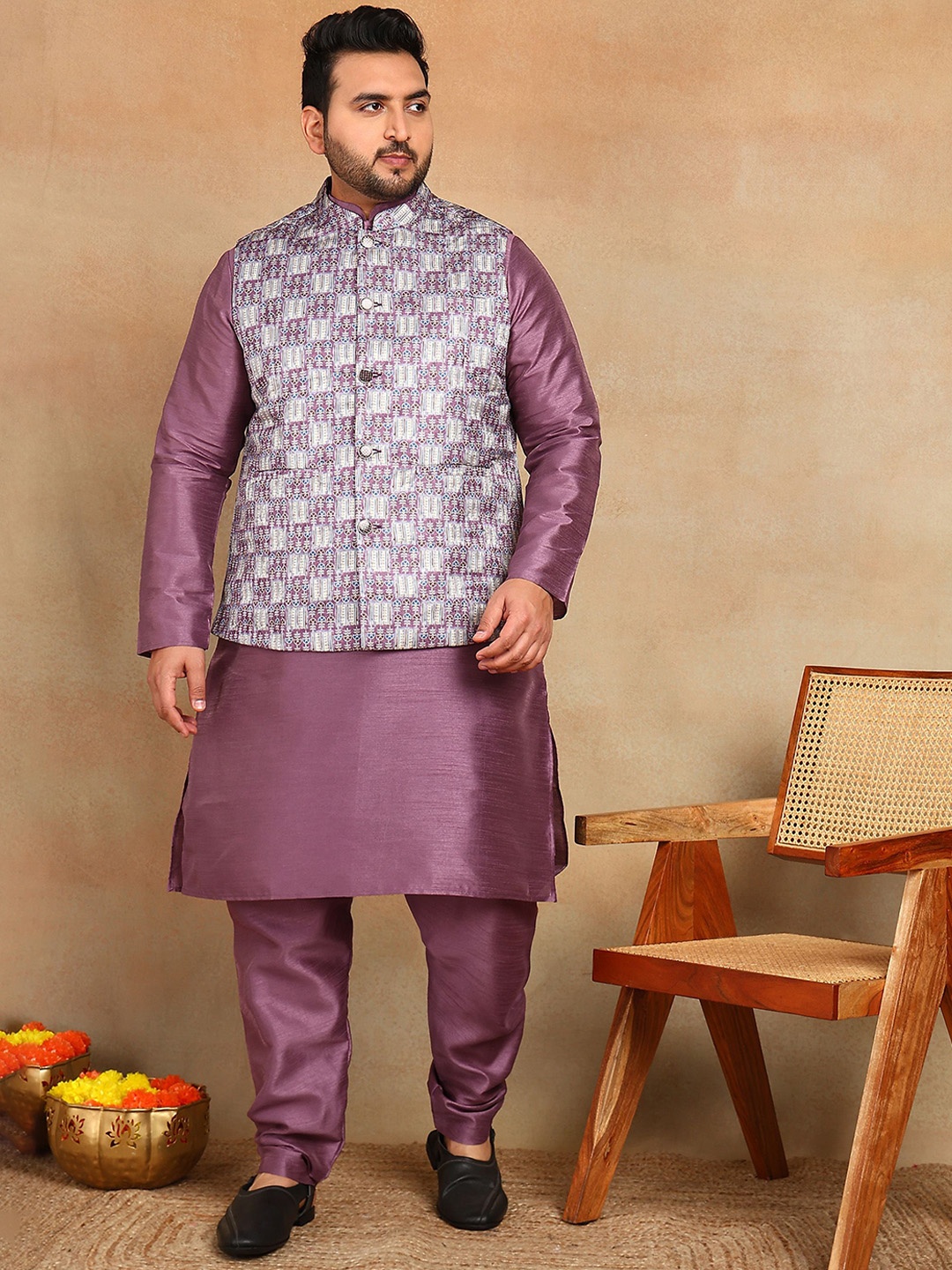 

Sztori Men Printed Brocade Mandarin Collar Neck Nehru Jacket, White