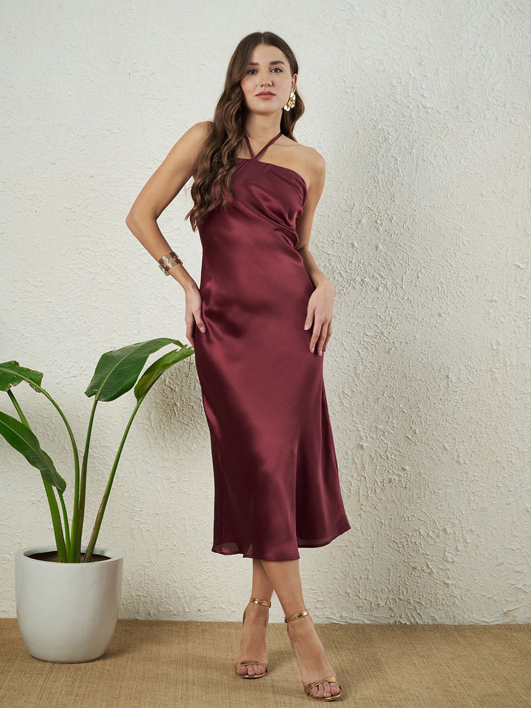 

Slenor Women Halter Neck Satin A-Line Midi Dress, Maroon