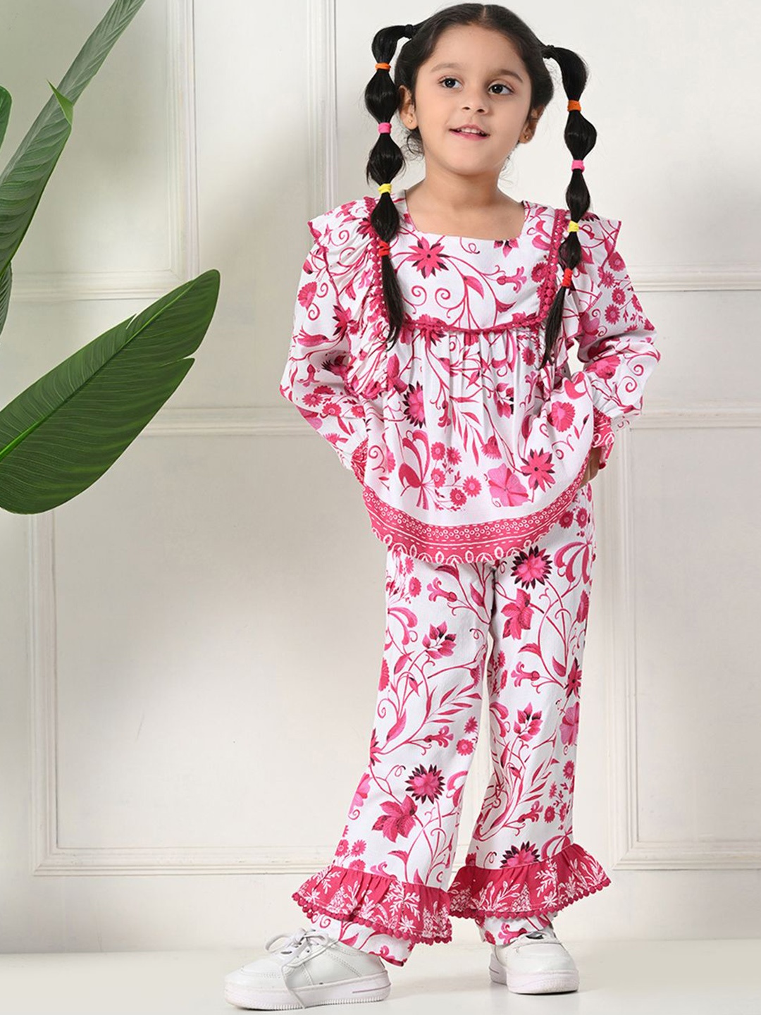 

Baesd Floral Printed Square Neck Pure Cotton Top & Trousers, Pink