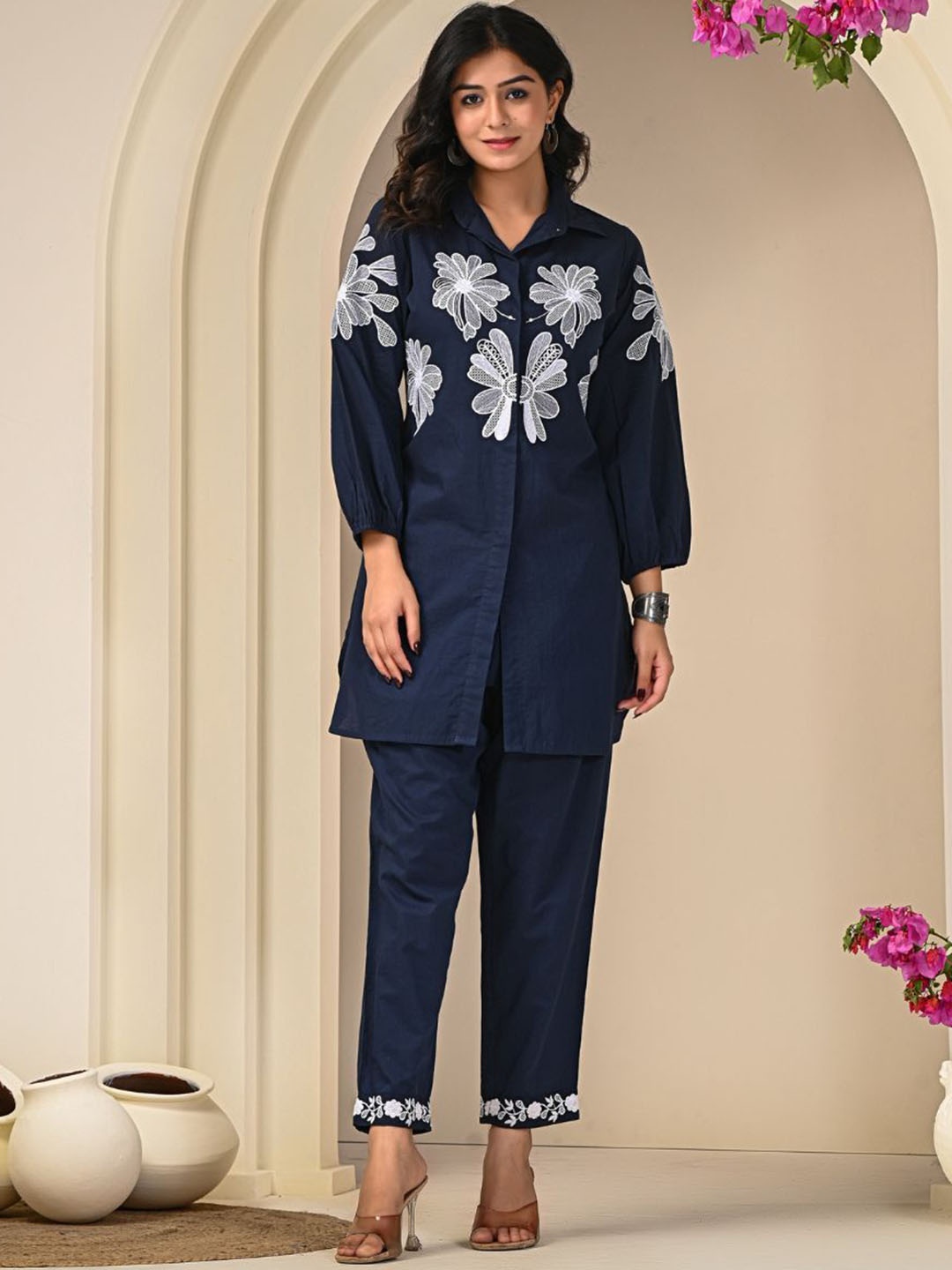 

Zolo Label Floral Embroidered Shirt With Trouser Co-Ords Set, Navy blue