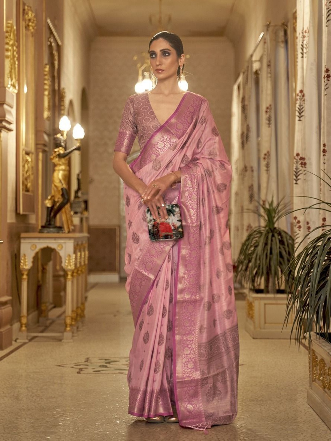 

Anouk Woven Design Zari Silk Blend Banarasi Saree, Pink