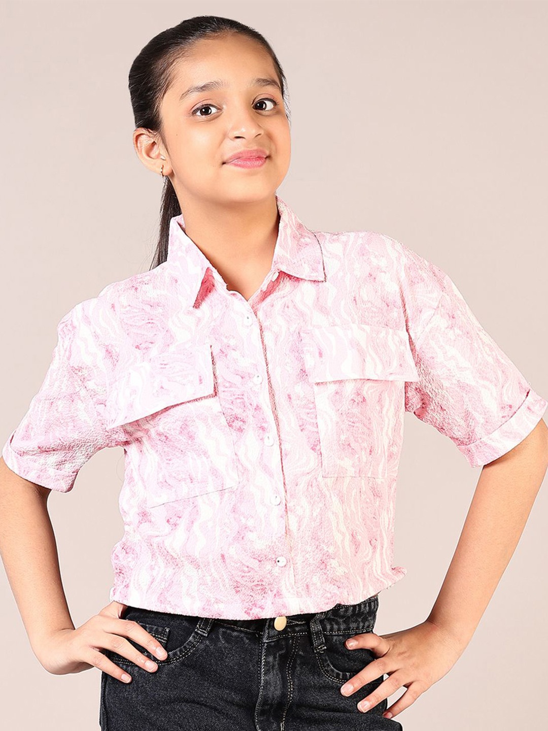 

V-Mart Girls Printed Cotton Shirt Collar Crop Top, Pink