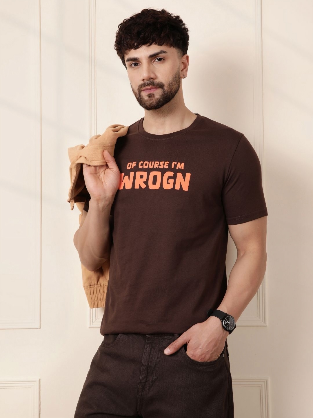 

WROGN Men Typography Printed Round Neck Cotton Slim Fit T-shirt, Brown