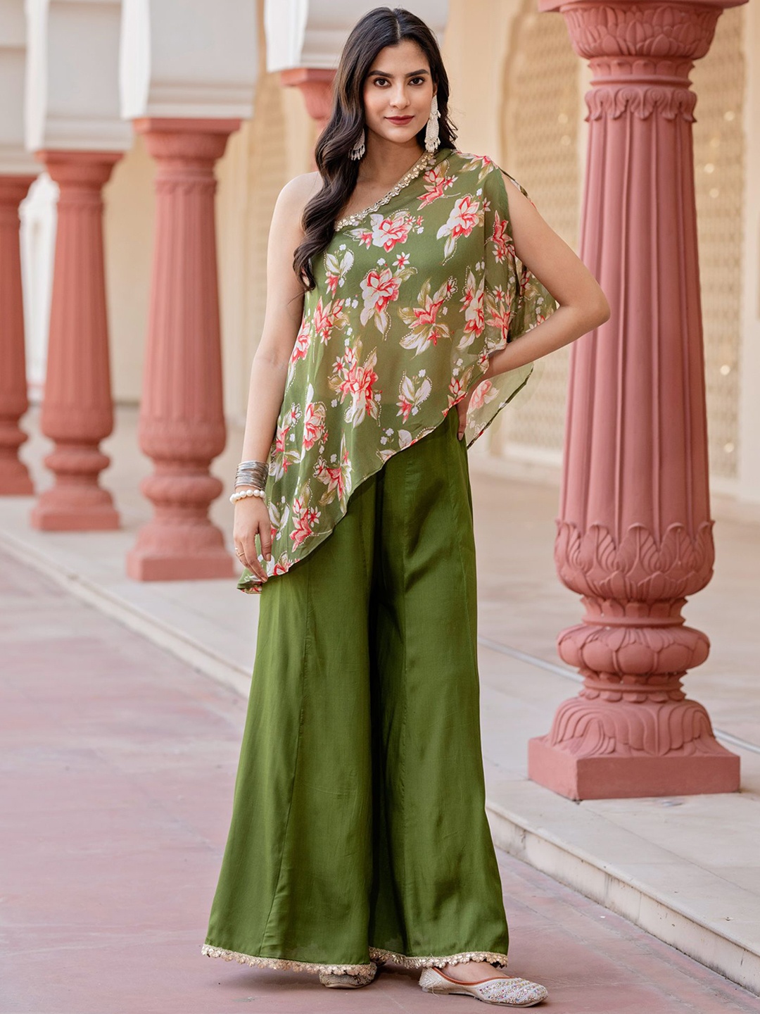 

KASYA Floral Printed One Shoulder Top With Palazzo, Green