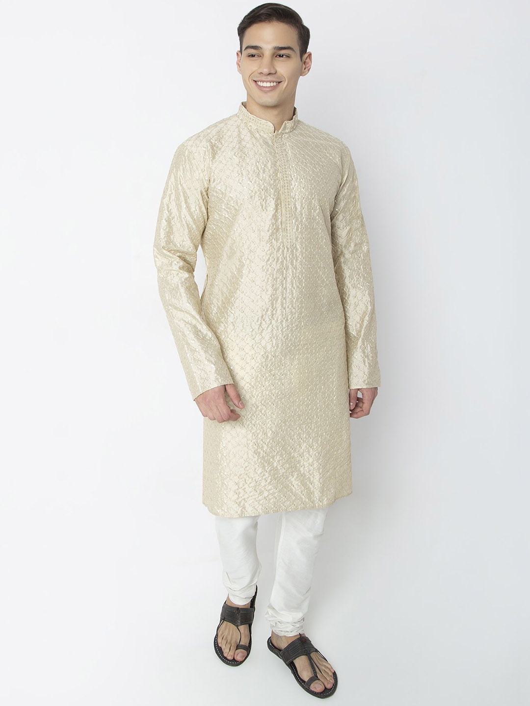 

BELLAZO Floral Embroidered Mandarin Collar Chikankari Straight Kurta, Beige