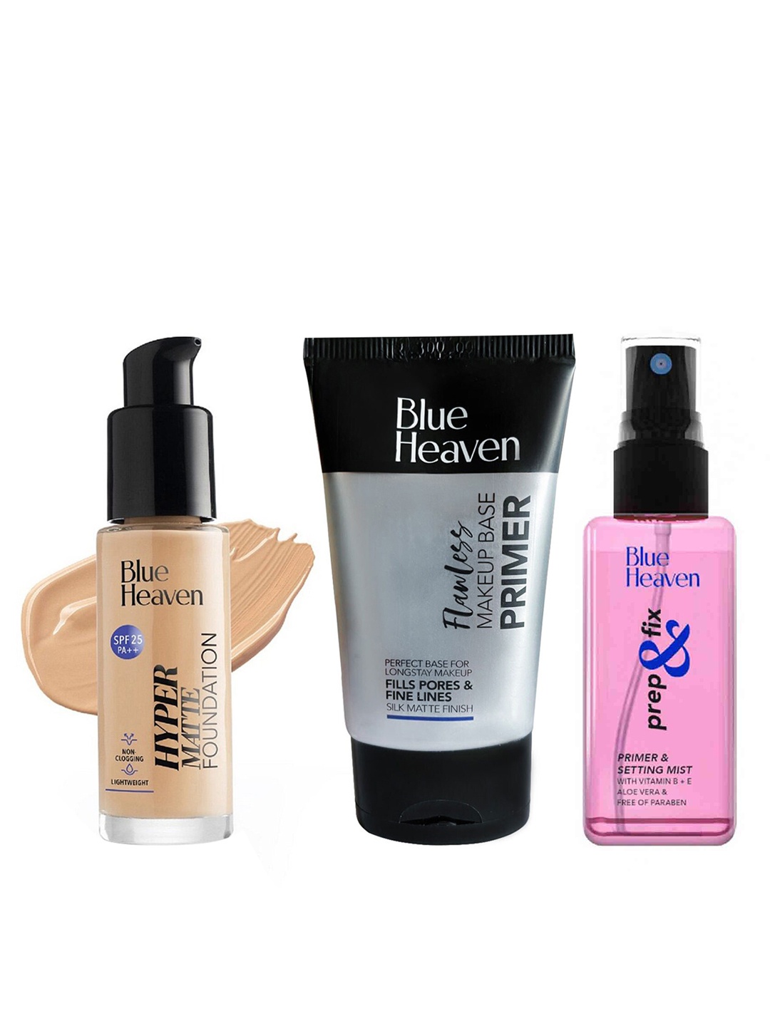 

Blue Heaven Set Of Makeup Base Primer, Setting Mist & Foundation, Multi