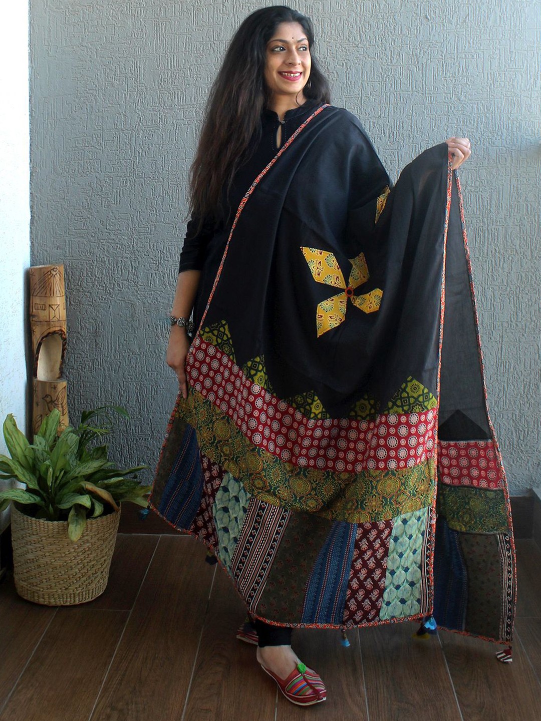 

Weaves of Tradition Ethnic Motifs Printed Pure Cotton Block Print Dupatta with Patchwork, Black
