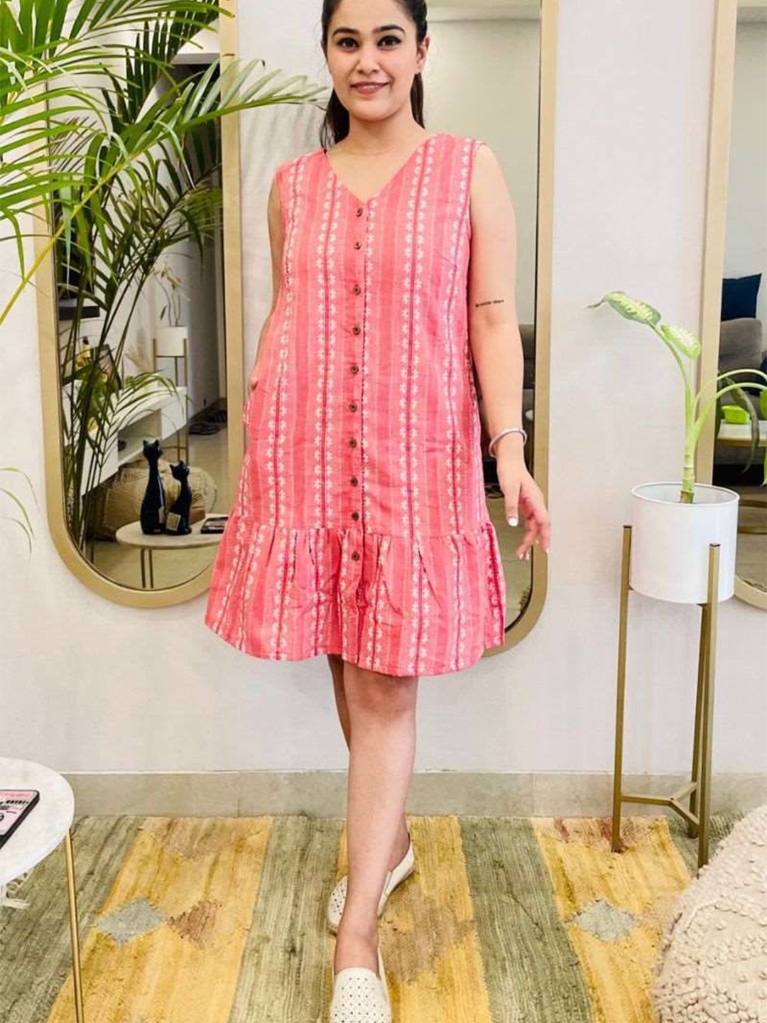 

Bohemian Dream V-Neck Cotton Embroidered A-Line Dress, Pink