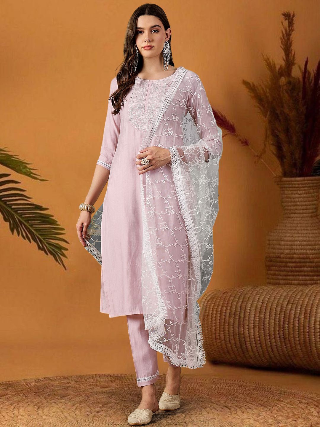 

SheWill Floral Embroidered Round Neck Sequinned Straight Kurta With Trouser & Dupatta, Pink