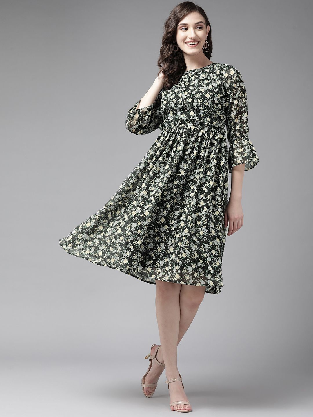 

CORSICA Women Floral Print Bell Sleeve Georgette A-Line Dress, Black