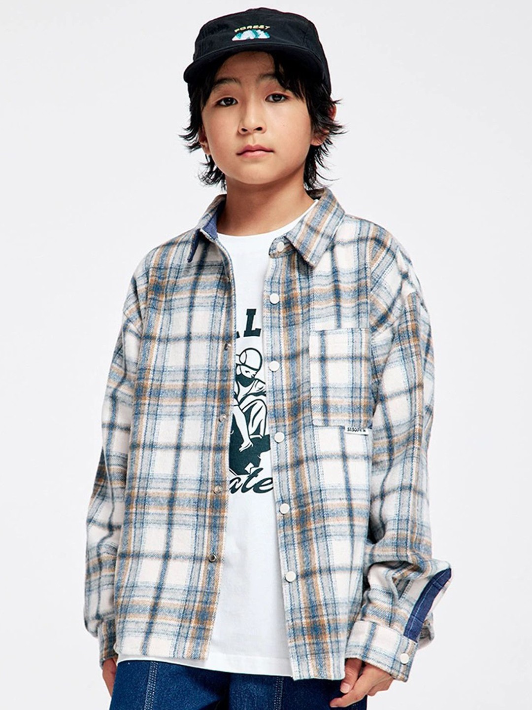 

LULU & SKY Boys Spread Collar Tartan Checked Casual Shirt, White