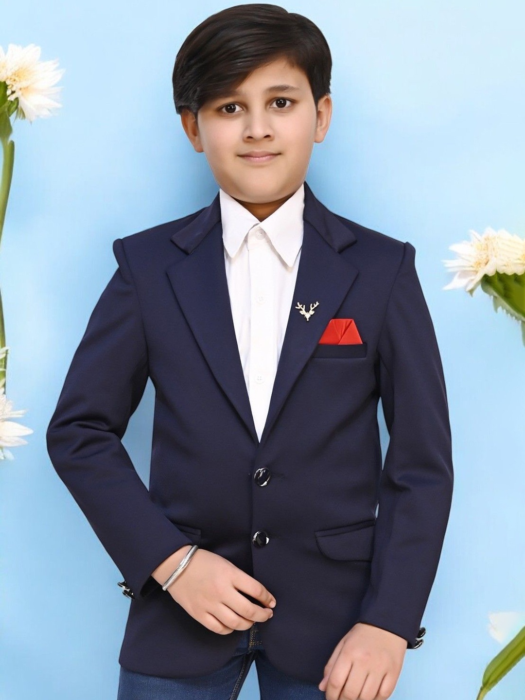 

Qitty Boys Single Breasted Notched Lapel Collar Ethnic Blazer, Navy blue
