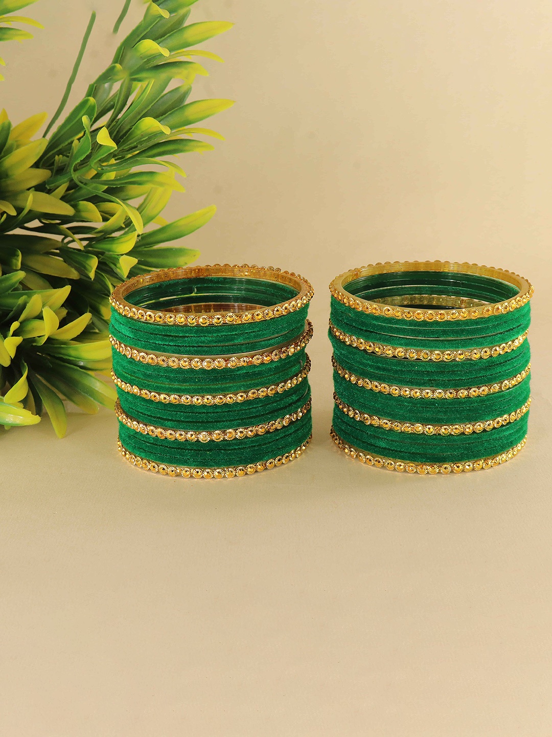 

ZULKA Set Of 34 Gold-Plated Glass & Golden Beads Velvet- Studded Bangles, Green