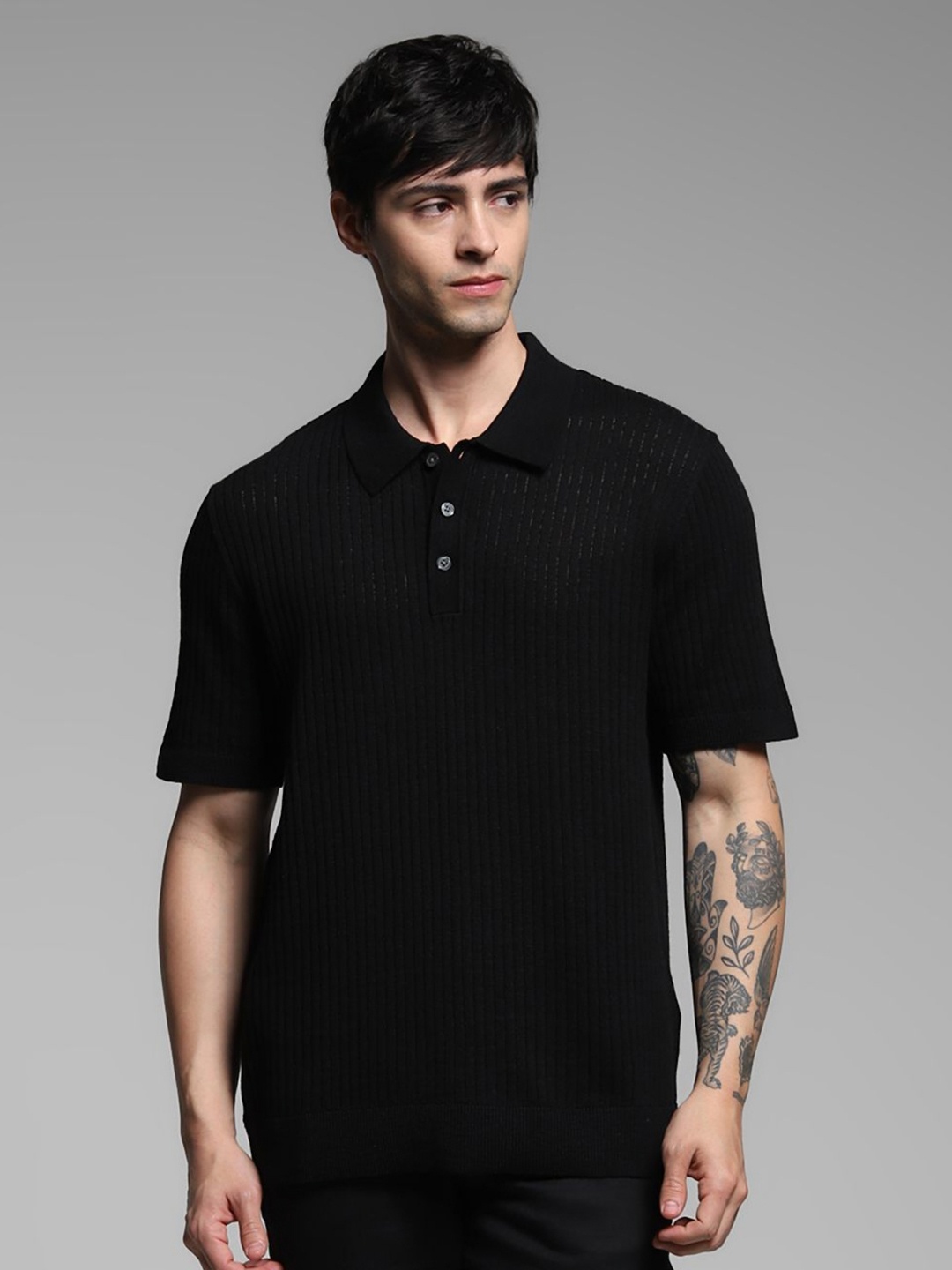 

Jack & Jones Men Self Design Polo Collar Cotton T-shirt, Black