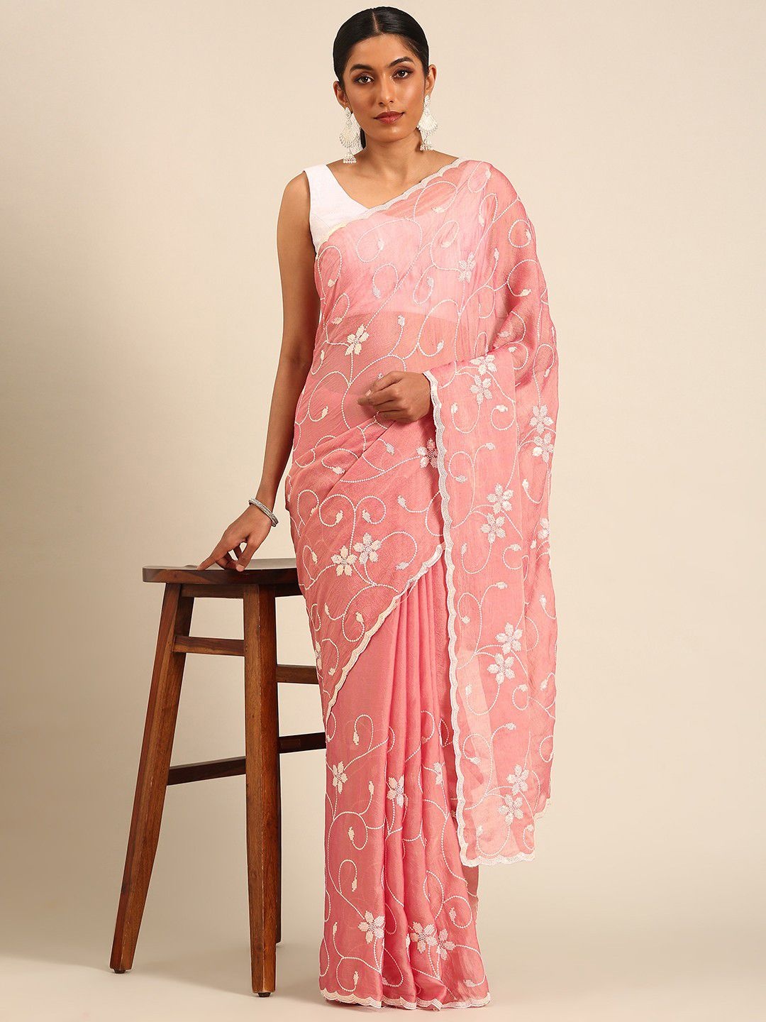 

LeeliPeeri Designer Sequinned Floral Embroidered Saree, Pink