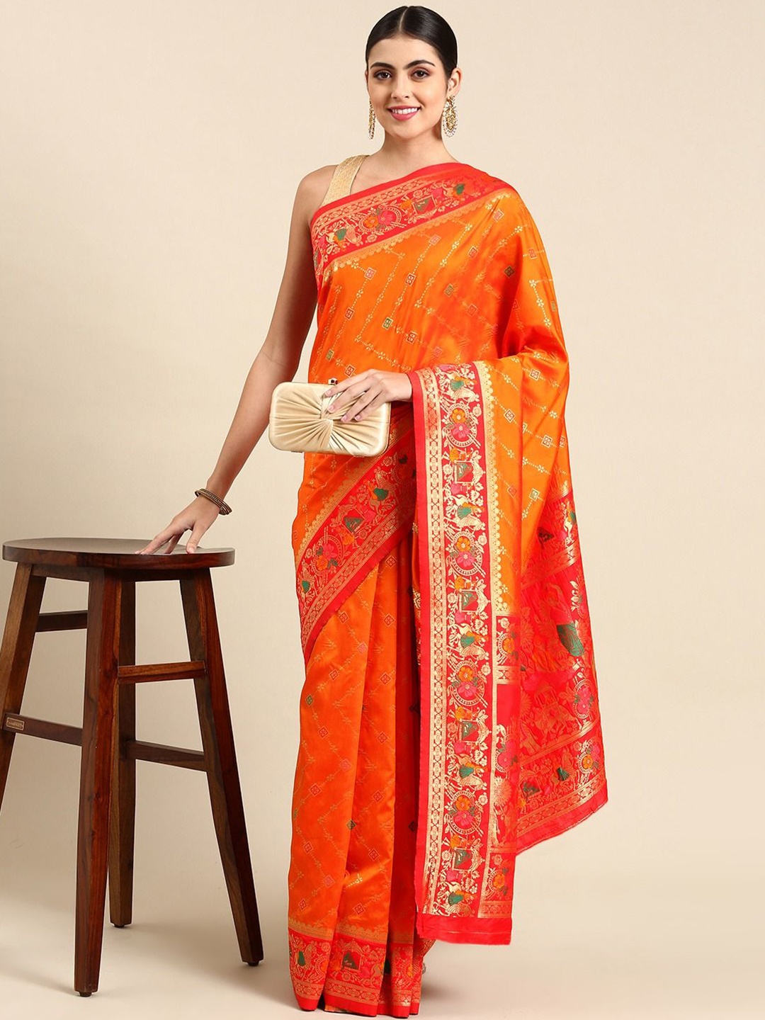 

DIVASTRI Woven Design Zari Silk Blend Banarasi Saree, Orange