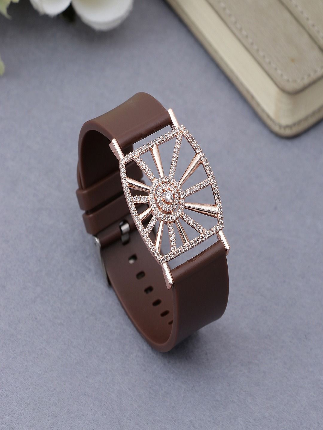

DressBerry Rose Gold-Plated American Diamond Studded Leather Wraparound Bracelet