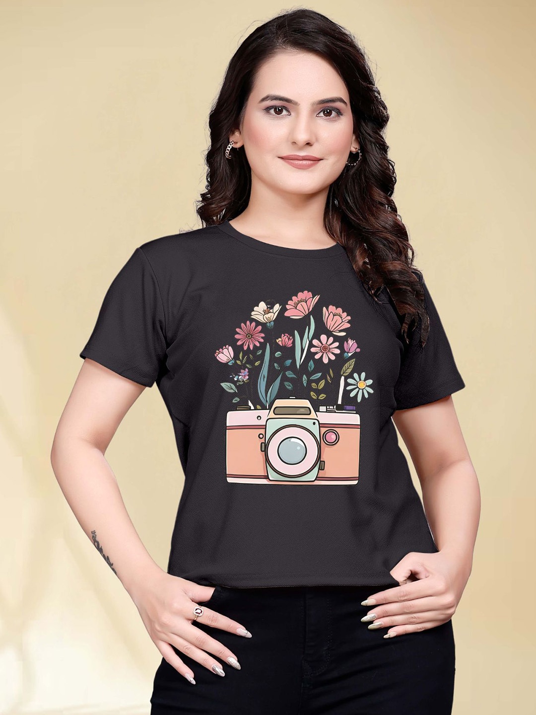 

Moda Rapido Women Printed Round Neck Tshirt, Black