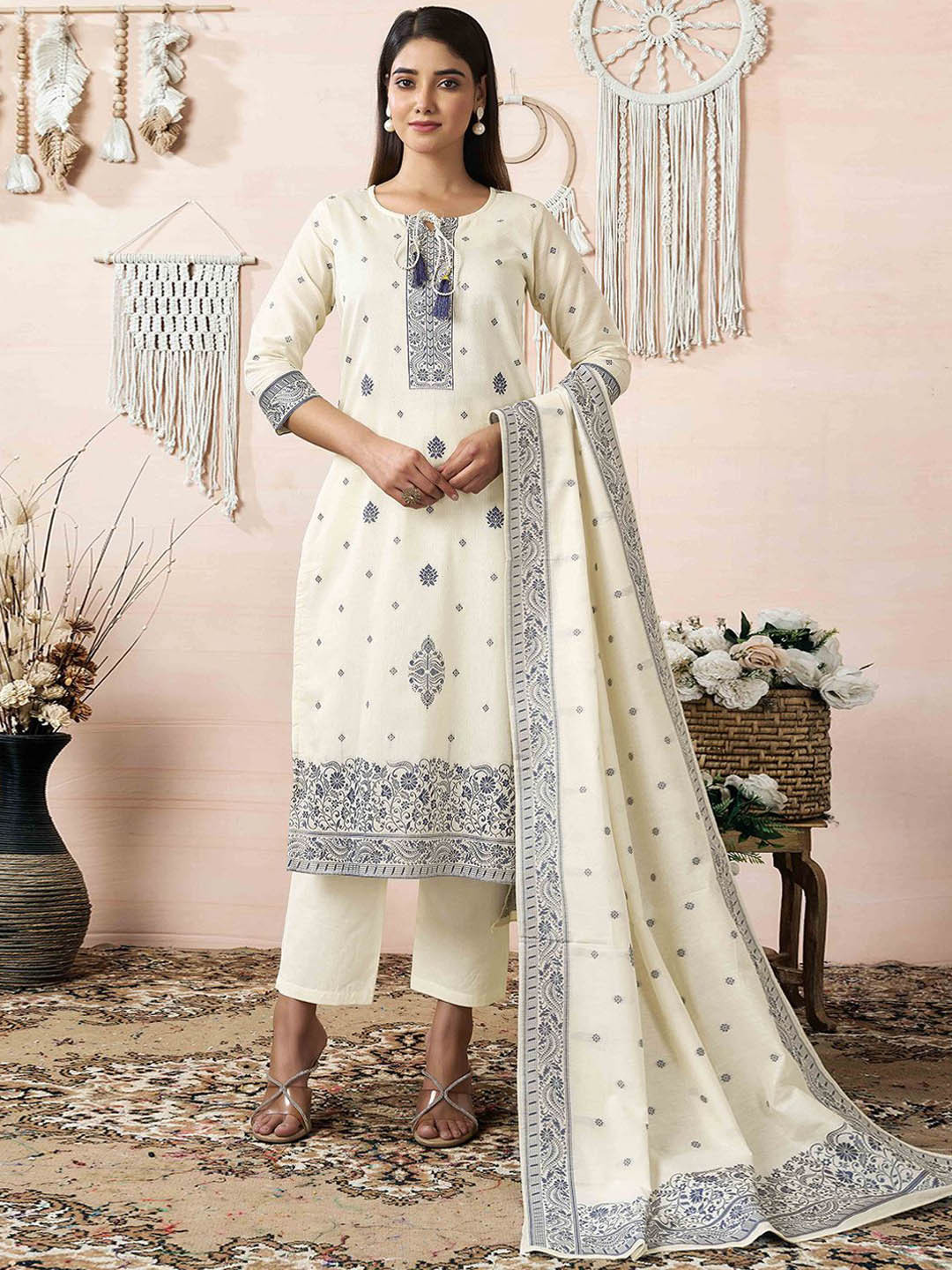 

Peachmode Floral Woven Design Tie-Up Neck Pure Cotton Kurta With Trousers And Dupatta, Off white