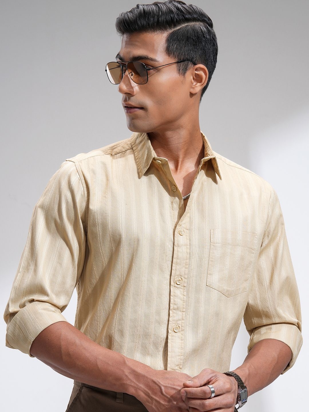 

HIGHLANDER Men Dobby Textured Striped Casual Shirt, Beige