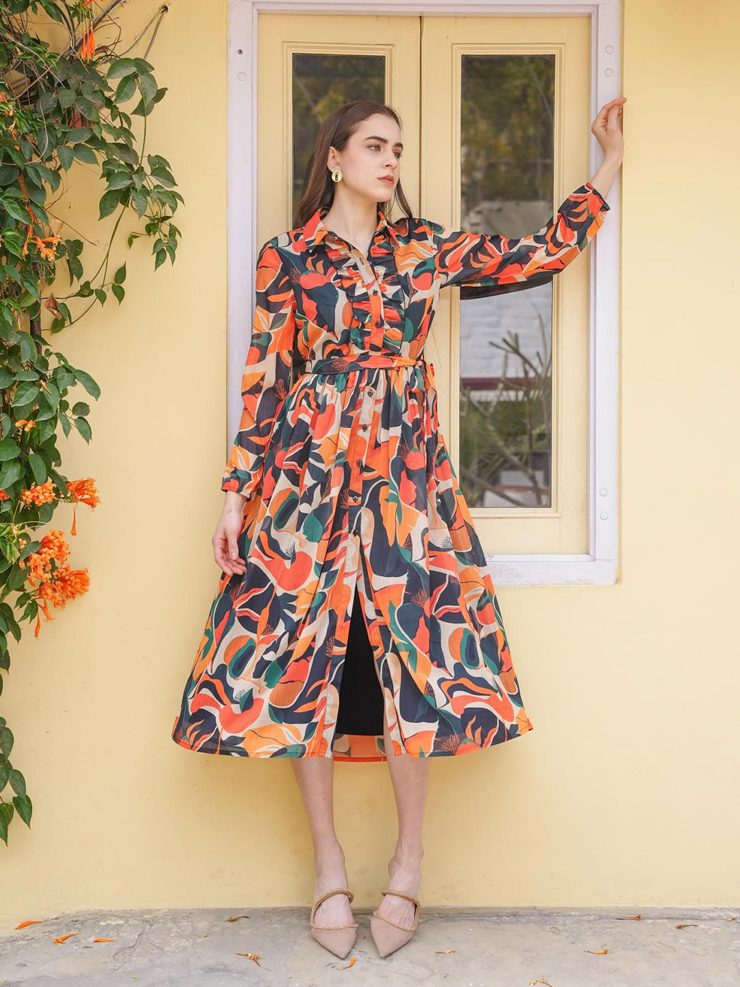 

House of Sal Women Printed A-Line Midi Dress, Orange