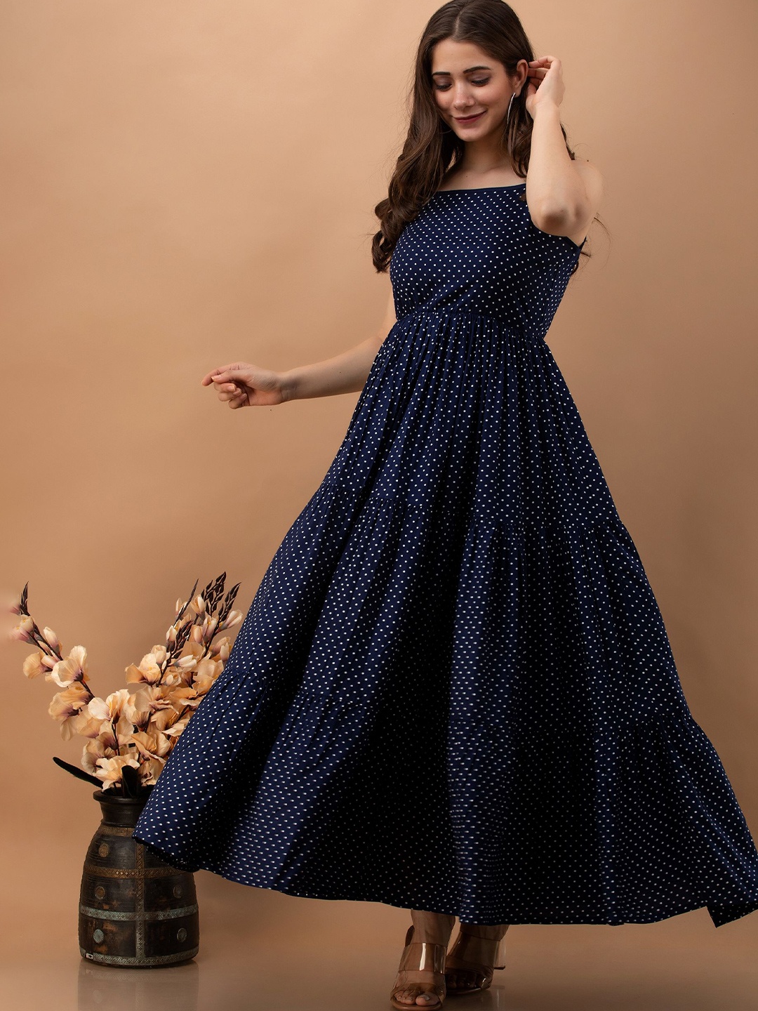 

GLAMALUE Women Polka Dot Printed Shoulder Straps Neck Sleeveless Maxi A-Line Dress, Blue