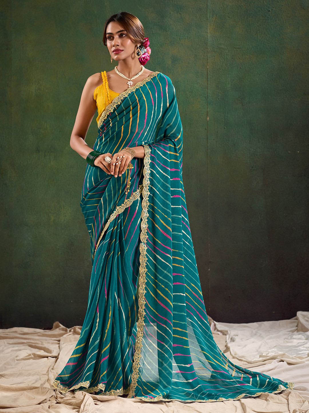 

DIVASTRI Leheriya Embroidered Poly Chiffon Saree, Teal