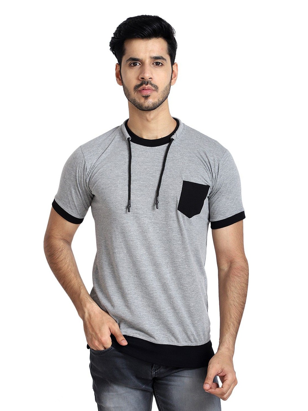 

Black Collection Men Solid Round Neck Cotton Slim Fit T-shirt, Grey