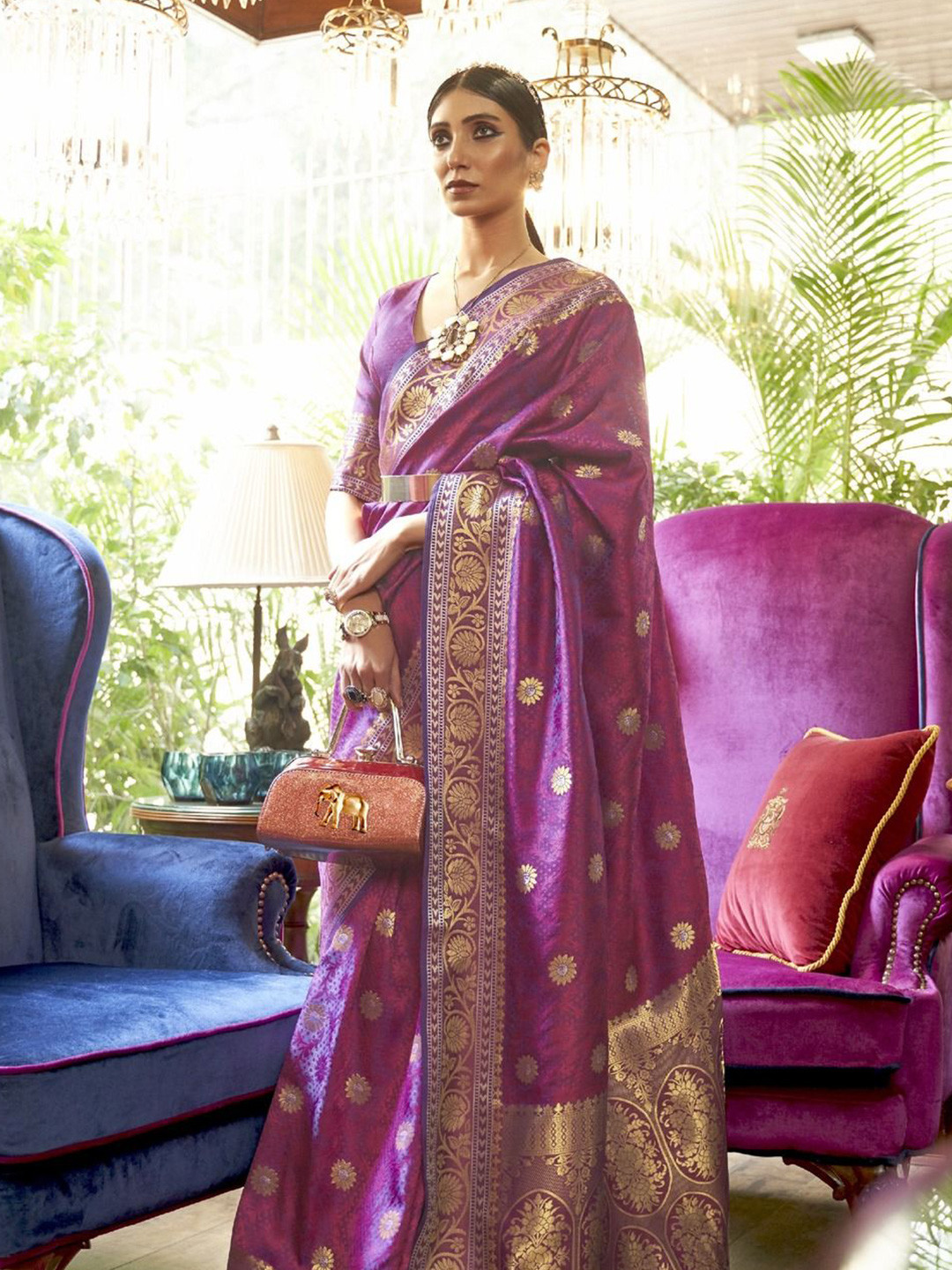 

Anouk Woven Design Zari Silk Blend Banarasi Saree, Purple