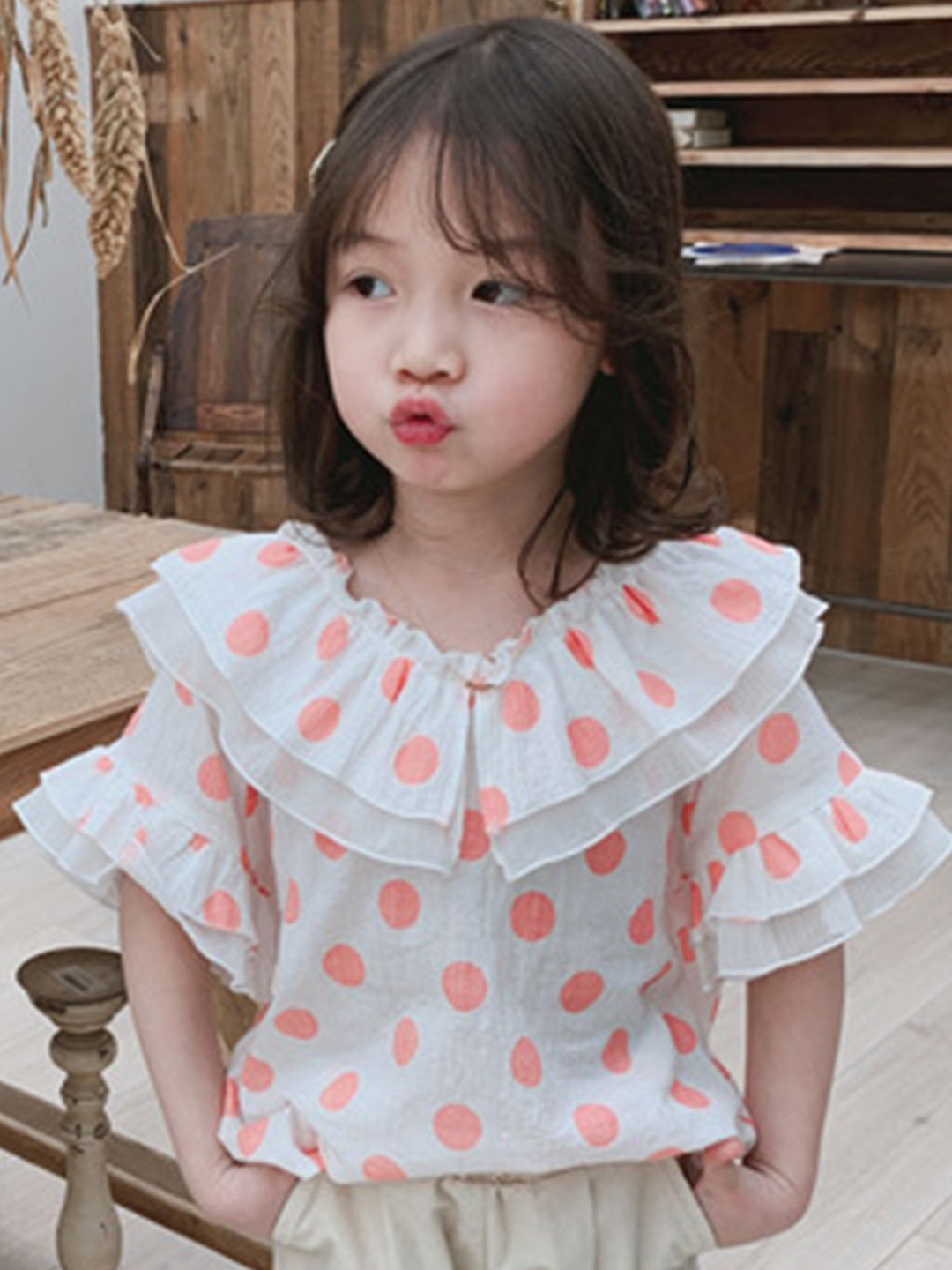 

LULU & SKY Girls Polka Dots Printed Round Neck Cotton Top, Orange