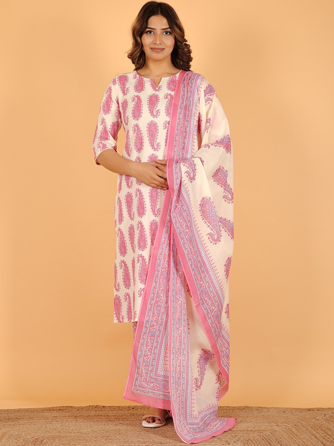 

Aramya Paisley Printed Pure Cotton Straight Kurta With Palazzo And Dupatta, Off white