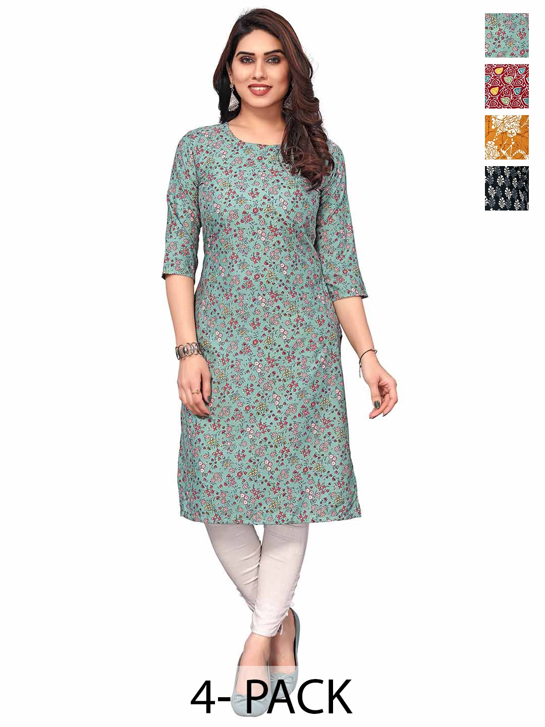

KETAKI FASHION Selection Of 4 Floral Printed Round Neck Straight Kurtas, Green