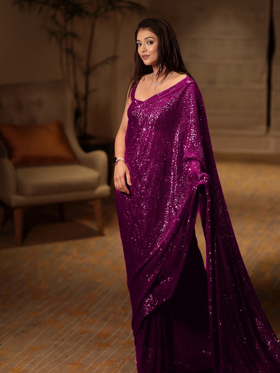 

ANJANI TEXTILE Embellished Sequinned Poly Georgette Designer Saree, Purple