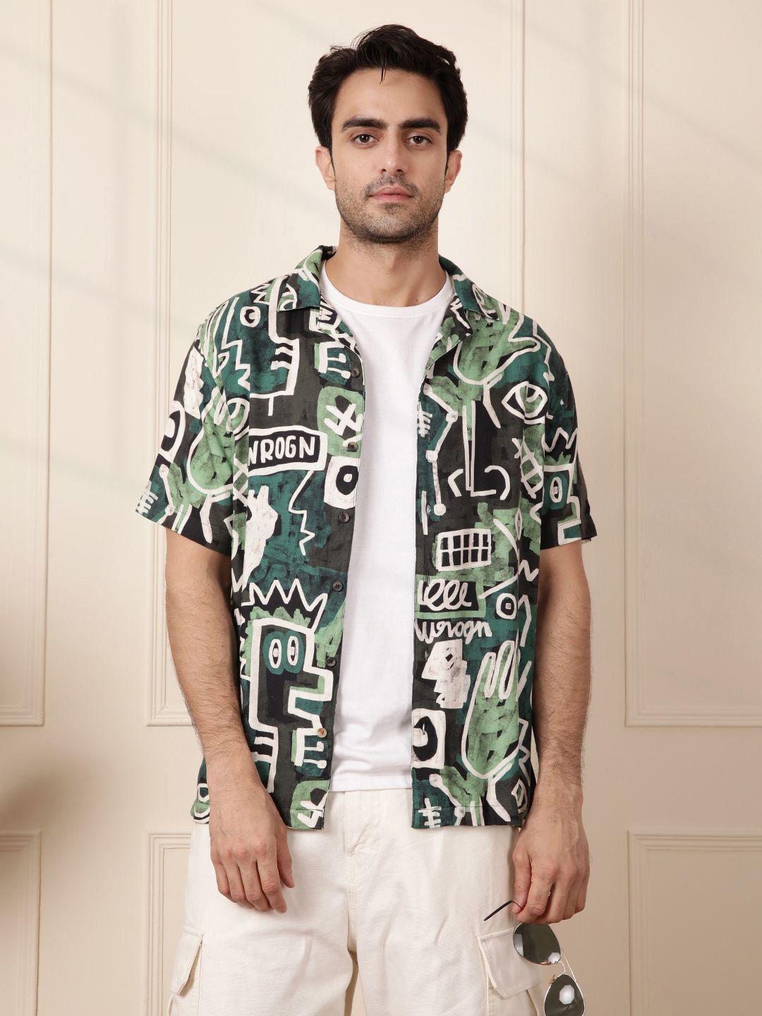 

WROGN Men Comfort Fit Cuban Collar Graphic Printed Casual Shirt, Green