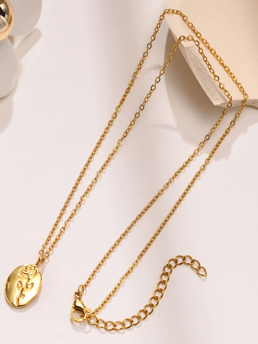 

BEYTER Gold-Plated Stainless Steel Oval Rose Charm Pendant With Chain