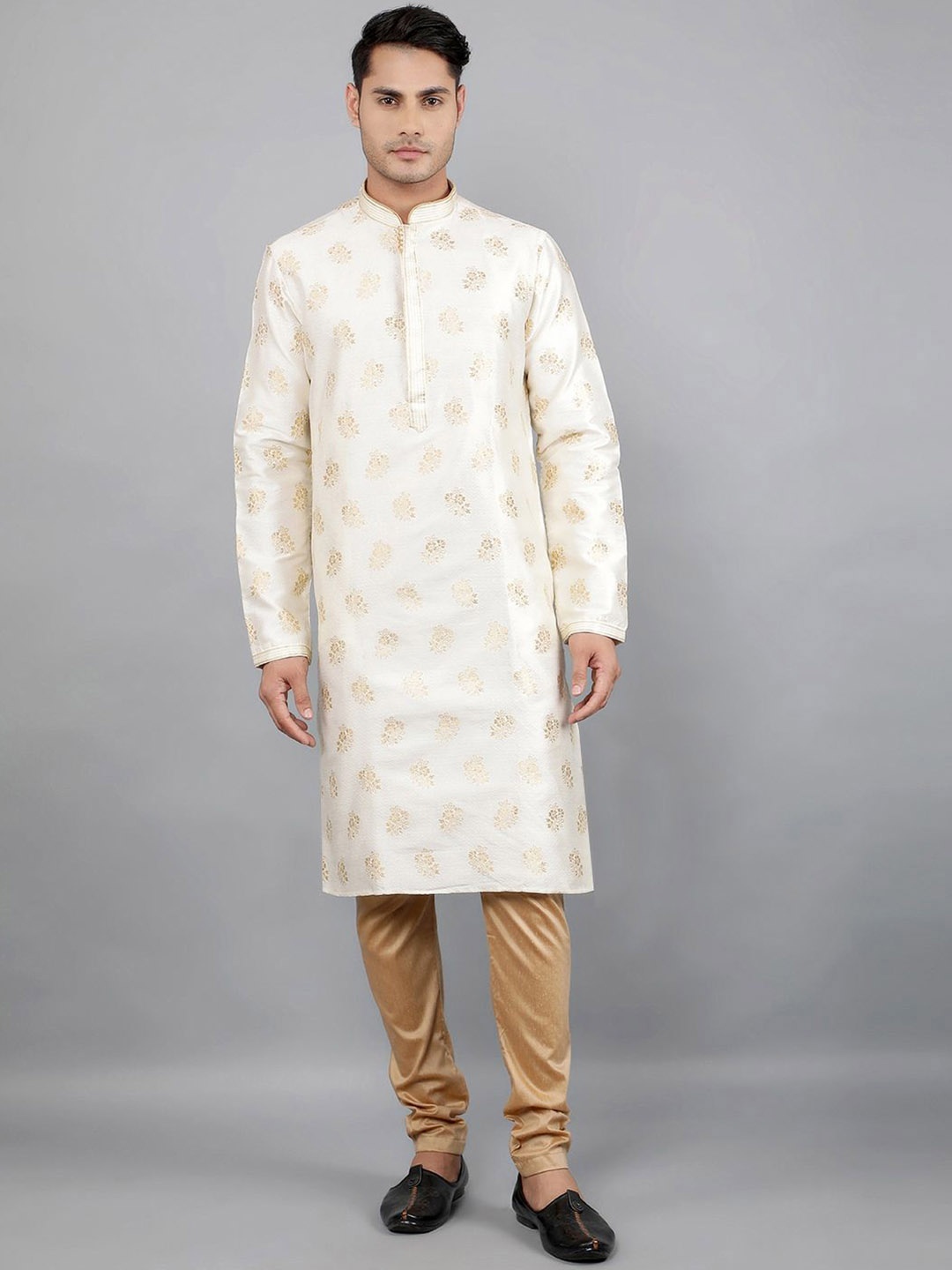 

Manish Creations Floral Woven Design Mandarin Collar Jacquard Straight Kurta With Churidar, Cream