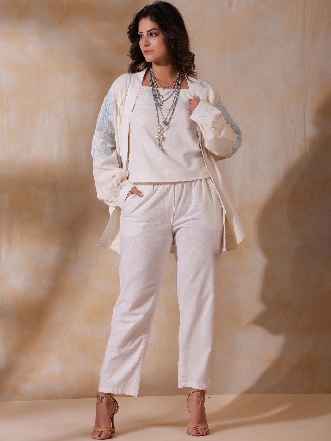 

ANUSHEET Embroidered Top With Trouser & Shrug Co-Ords, White
