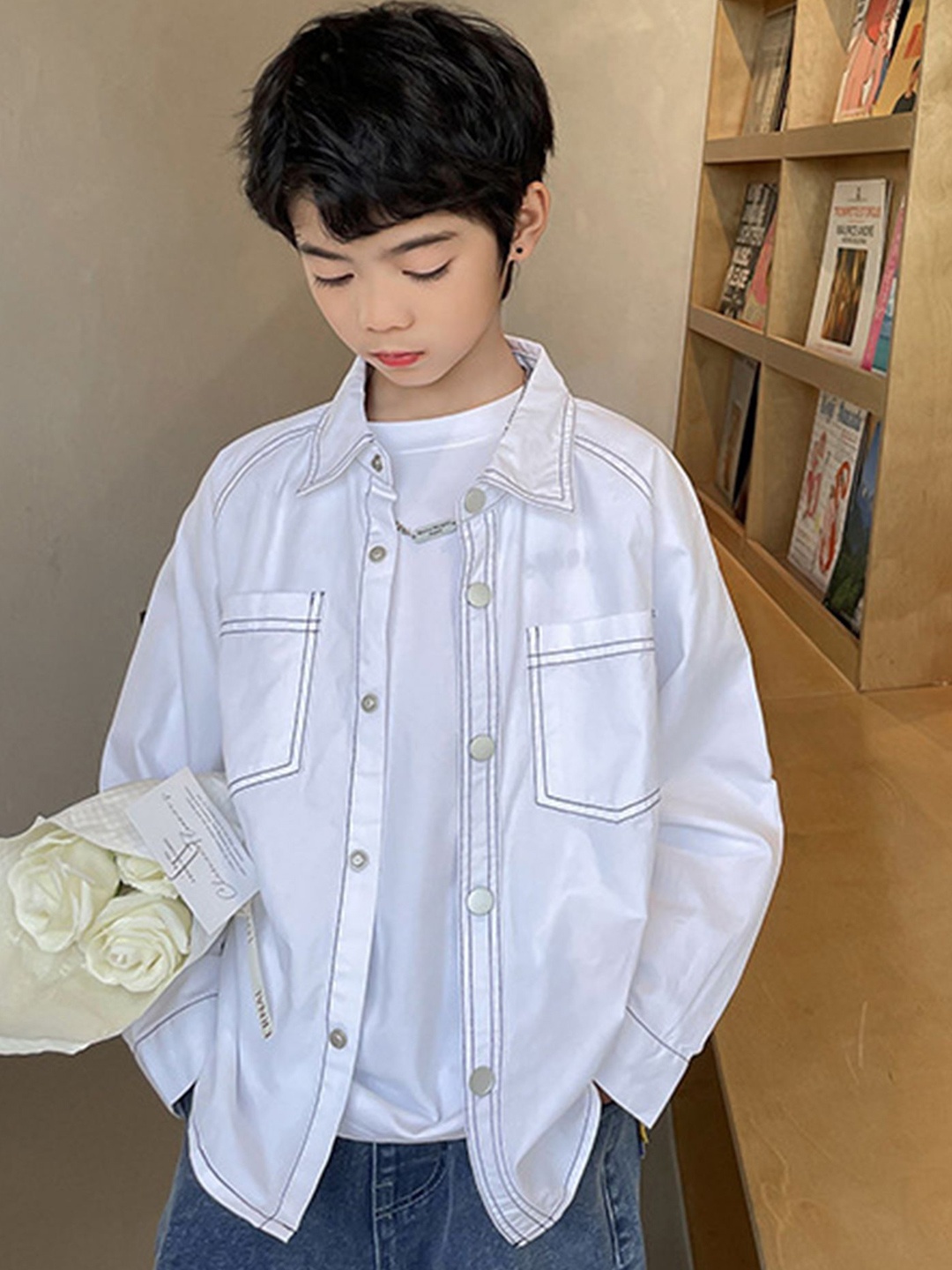 

LULU & SKY Boys Relaxed Fit Spread Collar Solid Cotton Casual Shirt, White