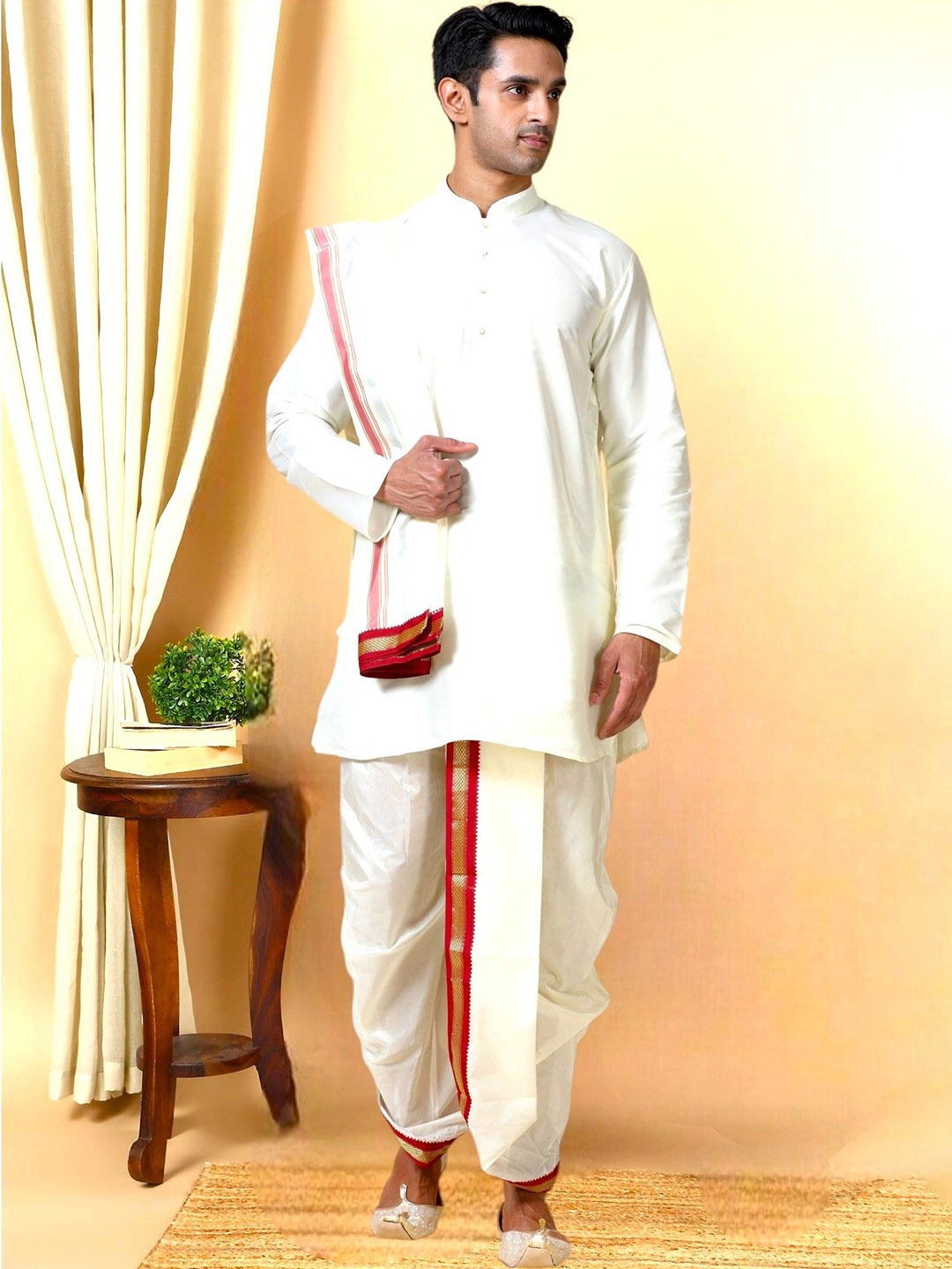 

TATTVA Mandarin Collar Art Silk Straight Kurta With Pyjamas & Dhoti Pants & Dupatta, Cream