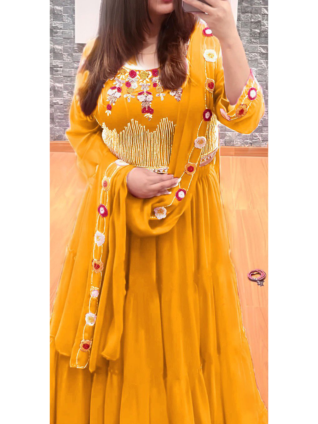 

ANJANI TEXTILE Embroidered Semi-Stitched Lehenga & Unstitched Blouse With Dupatta, Yellow