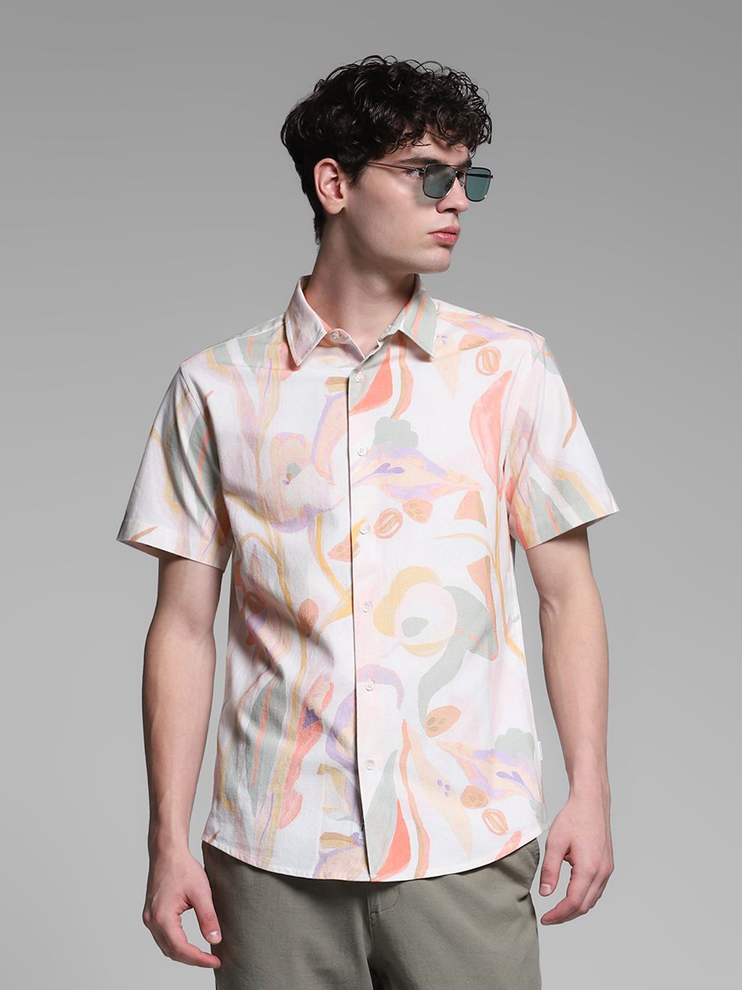 

Jack & Jones Men Spread Collar Abstract Printed Cotton Casual Shirt, White