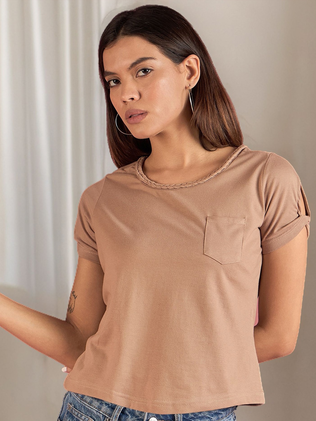 

ANJIR Women Solid Round Neck Cotton Top, Brown