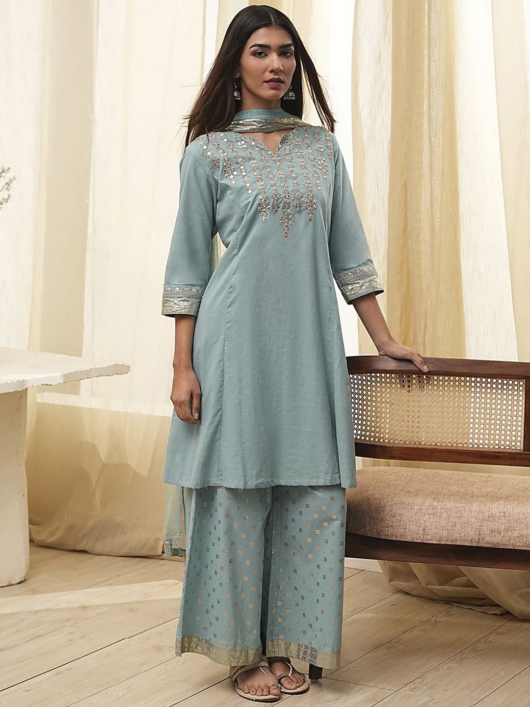 

Biba Floral Embroidered Notch Neck Pure Cotton A-Line Kurta With Palazzos And Dupatta, Blue