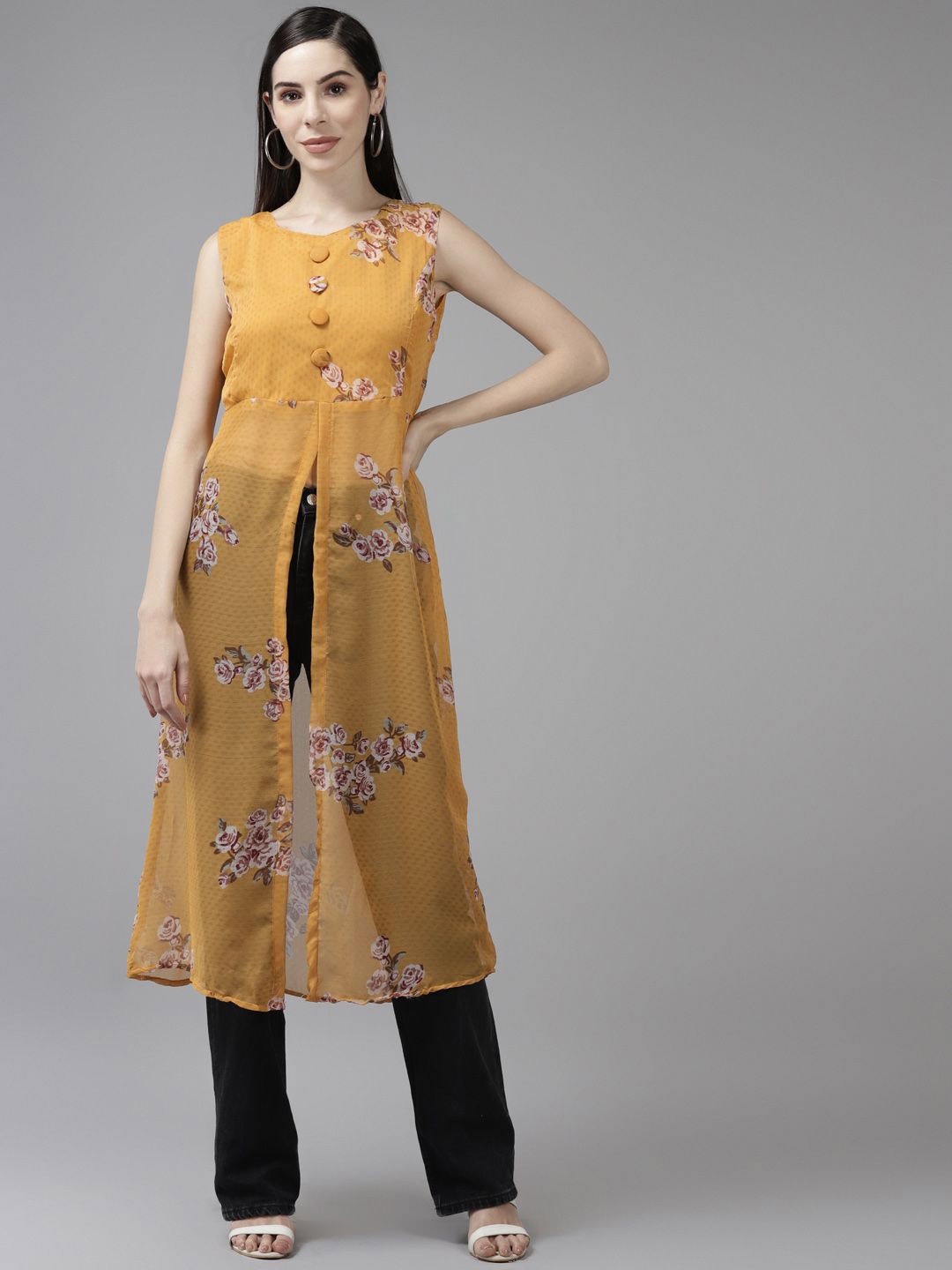 

CORSICA Floral Print Georgette A-Line Longline Front Slit Top, Yellow