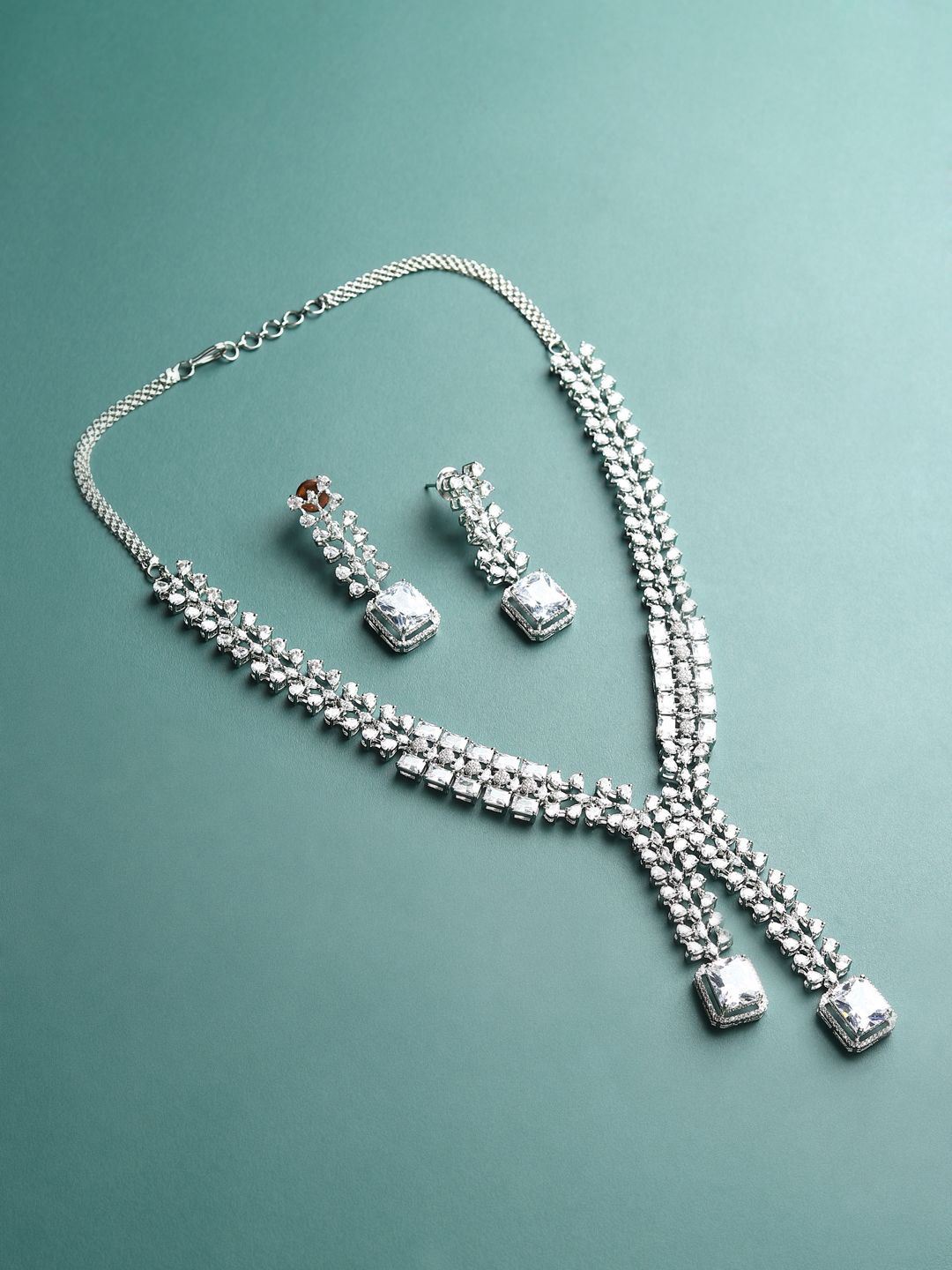 

RHOSYN Rhodium-Plated American Diamond Stone-Studded Jewellery Set, Silver