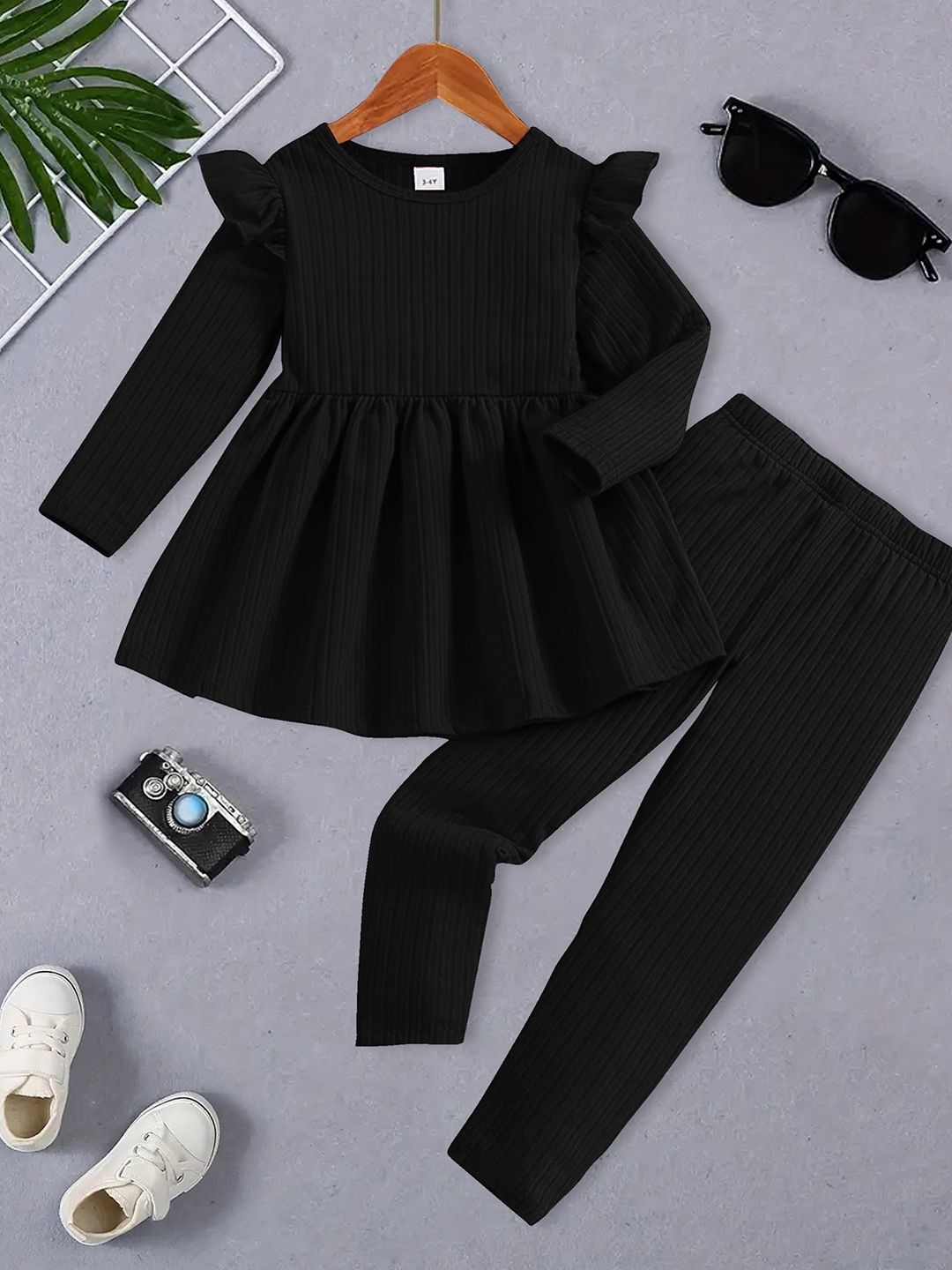 

YK Girls Round Neck Top With Trousers, Black